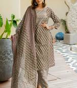 Mirchi Fashion Women's Brown Floral Print Pure Cotton Kurti With Bottom & Dupatta set