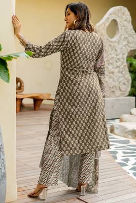 Mirchi Fashion Women's Brown Floral Print Pure Cotton Kurti With Bottom & Dupatta set 2
