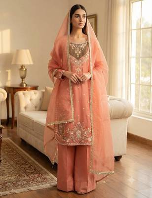 Peach heavy embroidered kurti pant set with lace dupatta for festive wear 1