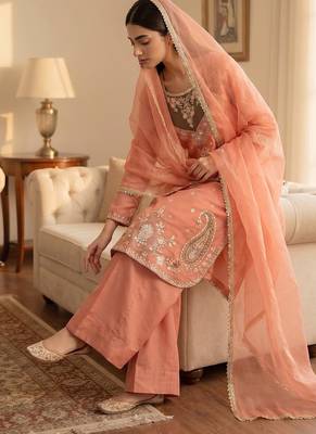 Peach heavy embroidered kurti pant set with lace dupatta for festive wear 2