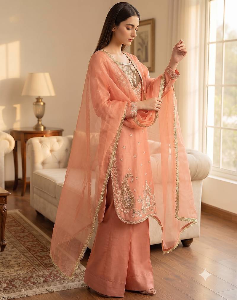 Peach heavy embroidered kurti pant set with lace dupatta for festive wear