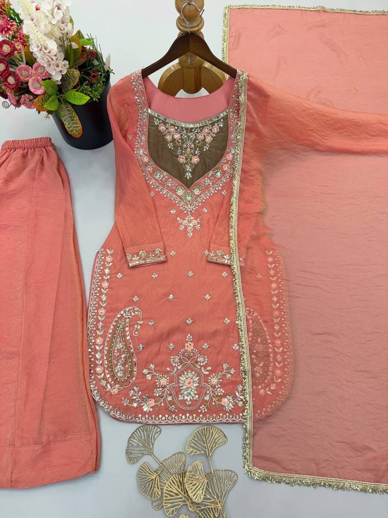 Peach heavy embroidered kurti pant set with lace dupatta for festive wear