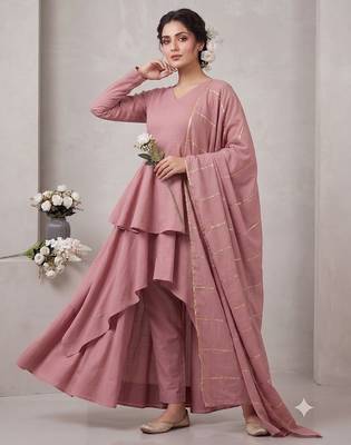 Women's dusty pink layered anarkali kurta set with pant and gota patti dupatta 1