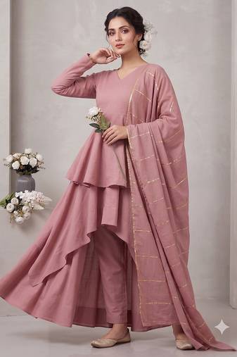 Women's dusty pink layered anarkali kurta set with pant and gota patti dupatta