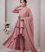 Women's dusty pink layered anarkali kurta set with pant and gota patti dupatta