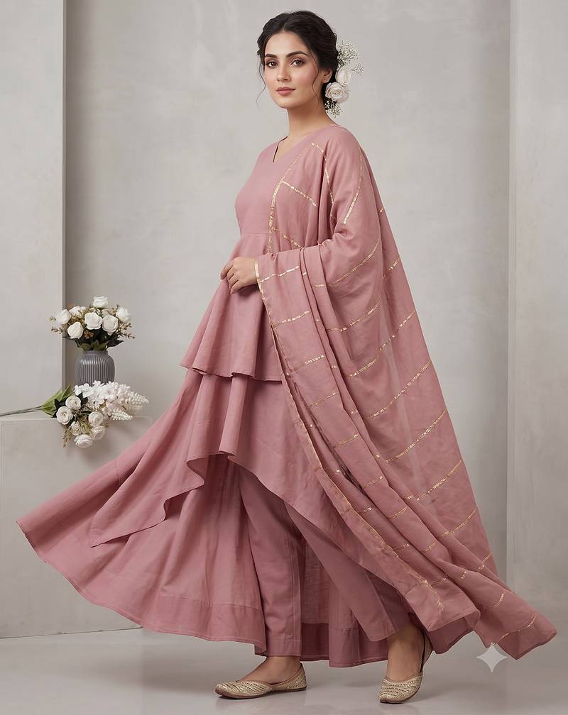 Women's dusty pink layered anarkali kurta set with pant and gota patti dupatta