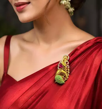 Traditional Indian Saree Brooch, Pink Green Stone, Gold Tone Sari Pin, Kundan Style Bridal Brooch 1