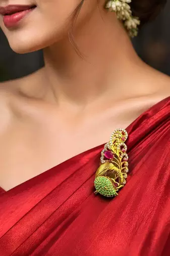 Traditional Indian Saree Brooch, Pink Green Stone, Gold Tone Sari Pin, Kundan Style Bridal Brooch