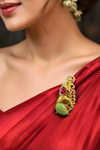 Traditional Indian Saree Brooch, Pink Green Stone, Gold Tone Sari Pin, Kundan Style Bridal Brooch