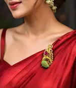 Traditional Indian Saree Brooch, Pink Green Stone, Gold Tone Sari Pin, Kundan Style Bridal Brooch