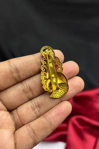 Traditional Indian Saree Brooch, Pink Green Stone, Gold Tone Sari Pin, Kundan Style Bridal Brooch
