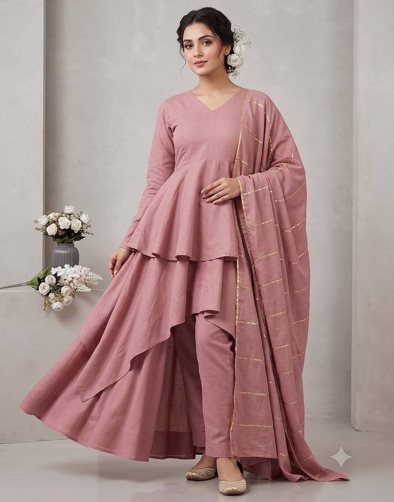 Women's dusty pink layered anarkali kurta set with pant and gota patti dupatta