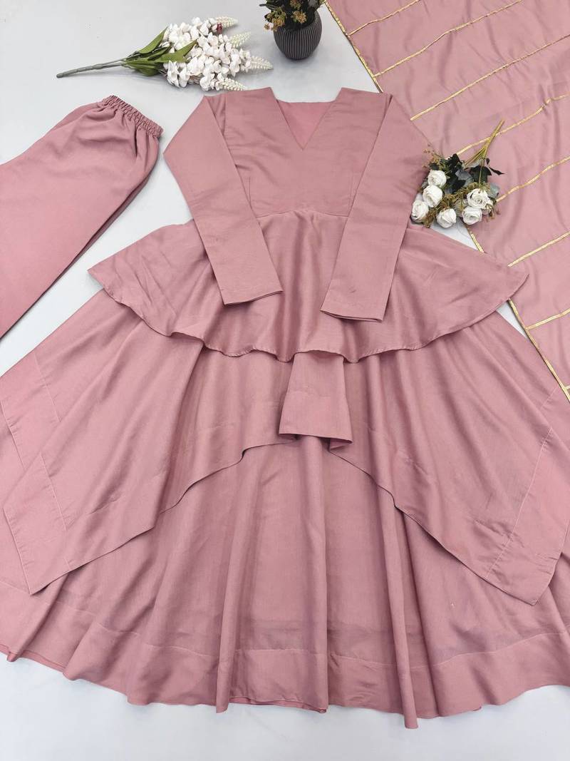 Women's dusty pink layered anarkali kurta set with pant and gota patti dupatta