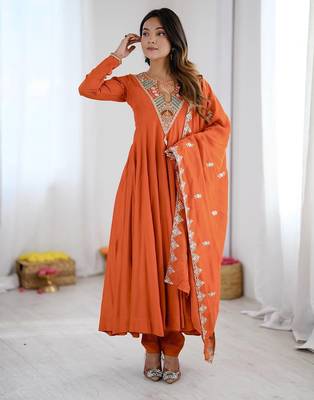 Orange embroidered anarkali kurta set with pant and dupatta for women 1