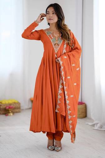 Orange embroidered anarkali kurta set with pant and dupatta for women