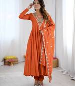Orange embroidered anarkali kurta set with pant and dupatta for women