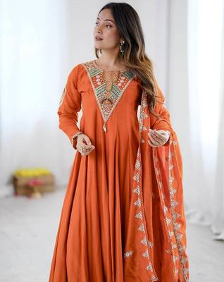 Orange embroidered anarkali kurta set with pant and dupatta for women 2