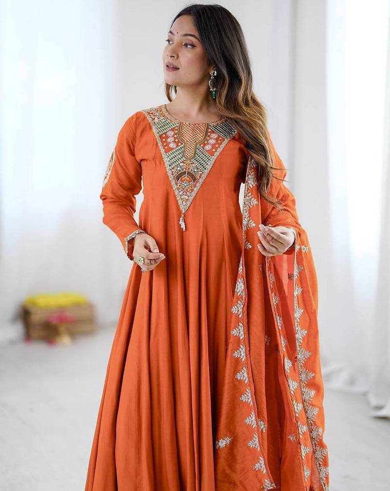 Orange embroidered anarkali kurta set with pant and dupatta for women
