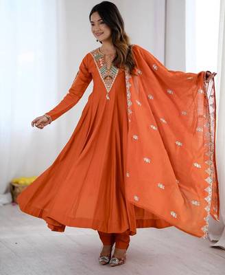 Orange embroidered anarkali kurta set with pant and dupatta for women 3
