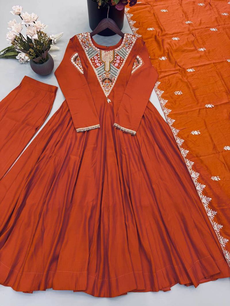 Orange embroidered anarkali kurta set with pant and dupatta for women