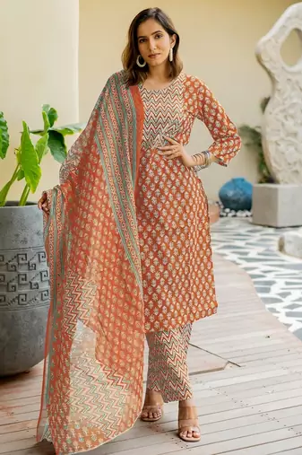 Mirchi Fashion Women's Orange Floral Print Pure Cotton Kurti With Bottom & Dupatta set