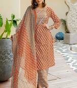 Mirchi Fashion Women's Orange Floral Print Pure Cotton Kurti With Bottom & Dupatta set