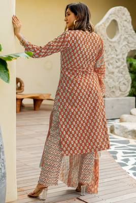 Mirchi Fashion Women's Orange Floral Print Pure Cotton Kurti With Bottom & Dupatta set 2