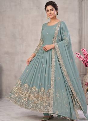 Sky blue embroidered georgette anarkali suit set with pant & cutwork border dupatta for women 1