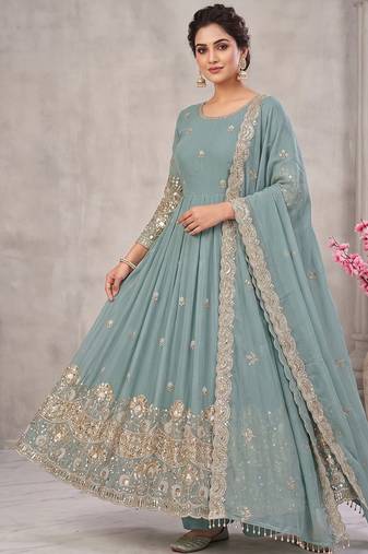 Sky blue embroidered georgette anarkali suit set with pant & cutwork border dupatta for women