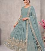 Sky blue embroidered georgette anarkali suit set with pant & cutwork border dupatta for women