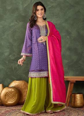 Women's Gorgeous Embroidery Work Silk Fabric Straight Kurta Sharara and Dupatta Set 1