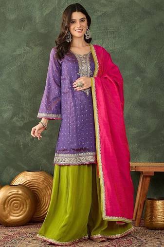 Women's Gorgeous Embroidery Work Silk Fabric Straight Kurta Sharara and Dupatta Set