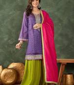 Women's Gorgeous Embroidery Work Silk Fabric Straight Kurta Sharara and Dupatta Set