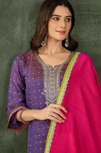 Women's Gorgeous Embroidery Work Silk Fabric Straight Kurta Sharara and Dupatta Set