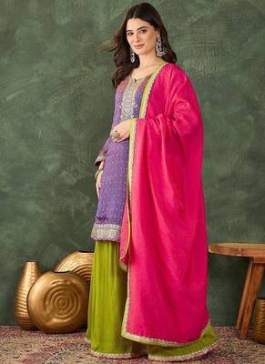 Women's Gorgeous Embroidery Work Silk Fabric Straight Kurta Sharara and Dupatta Set 3