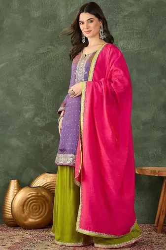 Women's Gorgeous Embroidery Work Silk Fabric Straight Kurta Sharara and Dupatta Set