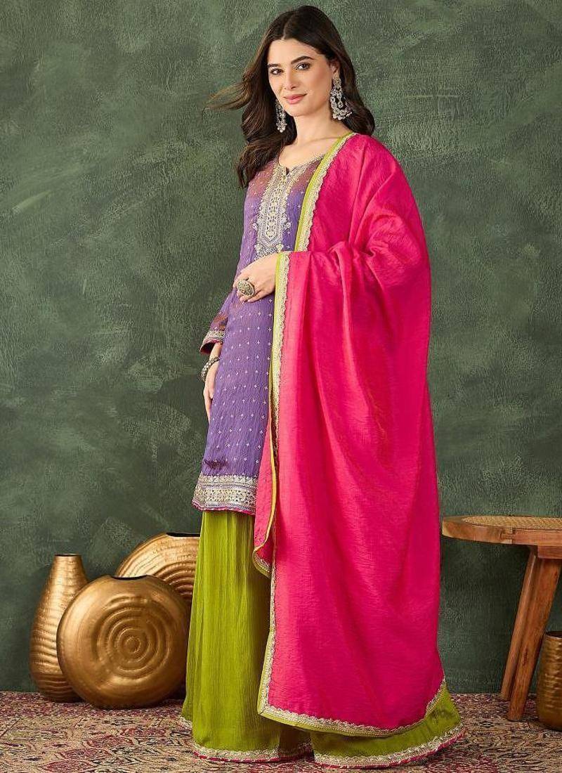 Women's Gorgeous Embroidery Work Silk Fabric Straight Kurta Sharara and Dupatta Set