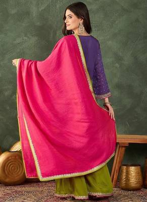 Women's Gorgeous Embroidery Work Silk Fabric Straight Kurta Sharara and Dupatta Set 4