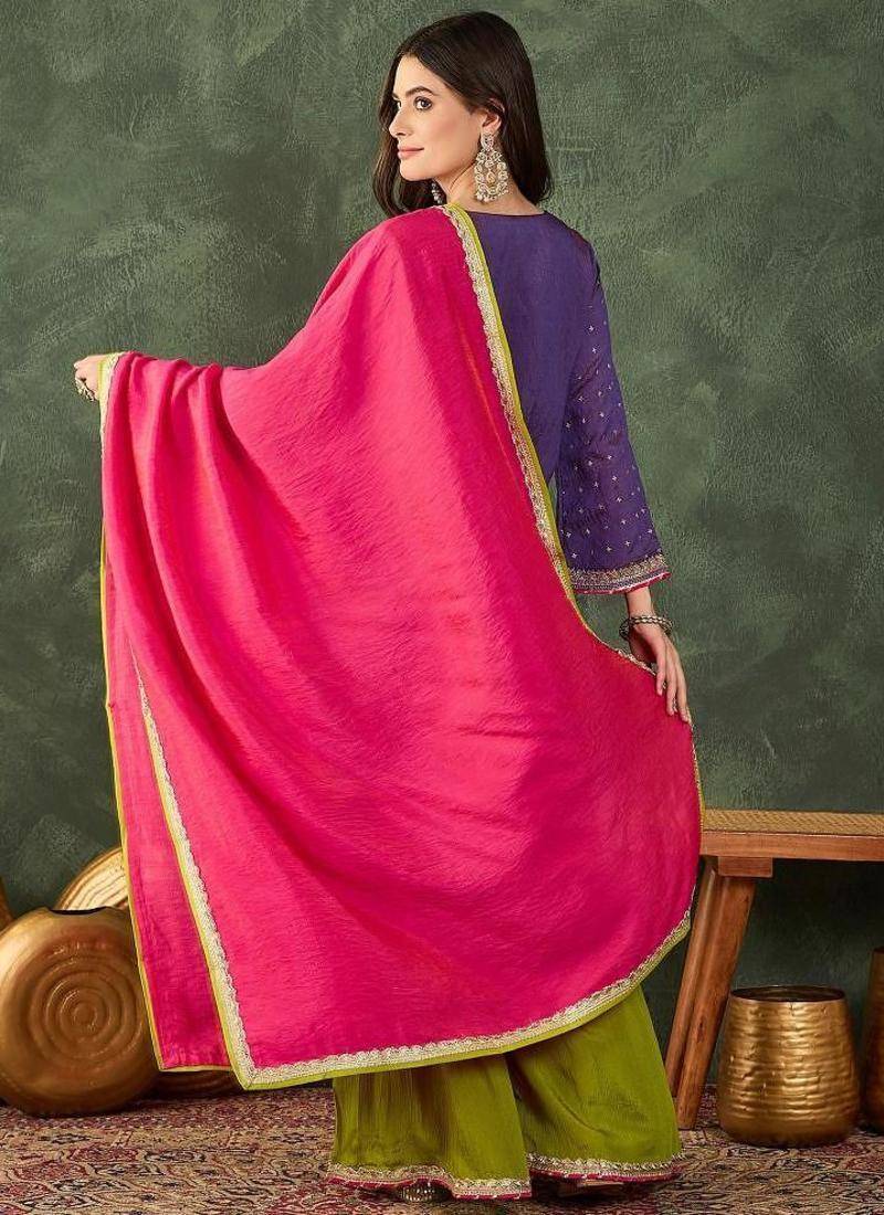 Women's Gorgeous Embroidery Work Silk Fabric Straight Kurta Sharara and Dupatta Set