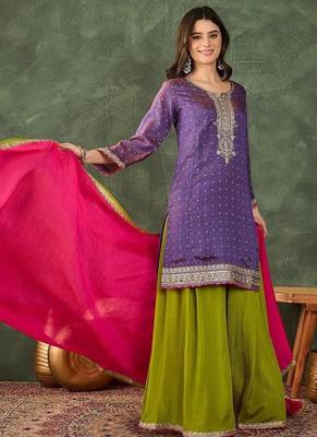 Women's Gorgeous Embroidery Work Silk Fabric Straight Kurta Sharara and Dupatta Set 5