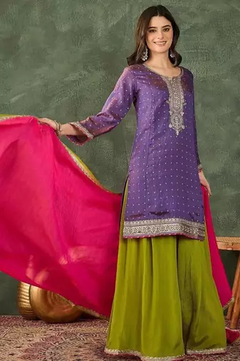Women's Gorgeous Embroidery Work Silk Fabric Straight Kurta Sharara and Dupatta Set