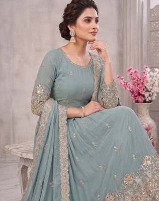 Sky blue embroidered georgette anarkali suit set with pant & cutwork border dupatta for women 2