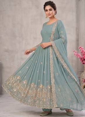 Sky blue embroidered georgette anarkali suit set with pant & cutwork border dupatta for women 3