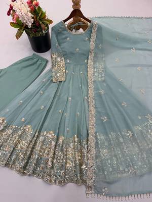 Sky blue embroidered georgette anarkali suit set with pant & cutwork border dupatta for women 4