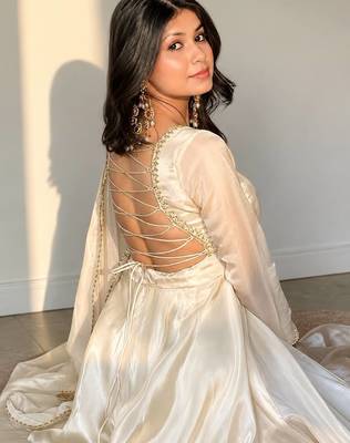 Pure white festive embroidered anarkali dress with contrast motif dupatta 2