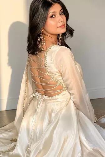Pure white festive embroidered anarkali dress with contrast motif dupatta