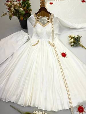 Pure white festive embroidered anarkali dress with contrast motif dupatta 3