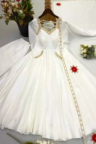 Pure white festive embroidered anarkali dress with contrast motif dupatta