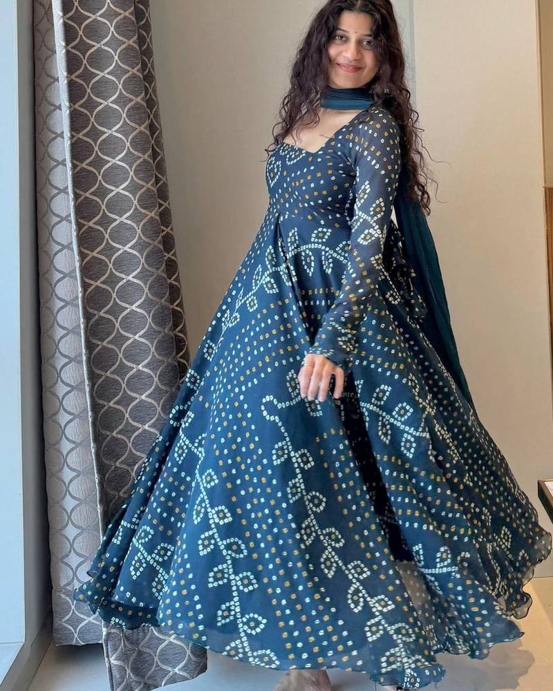 Teal blue bandhani printed georgette anarkali kurta set with pant and dupatta for women