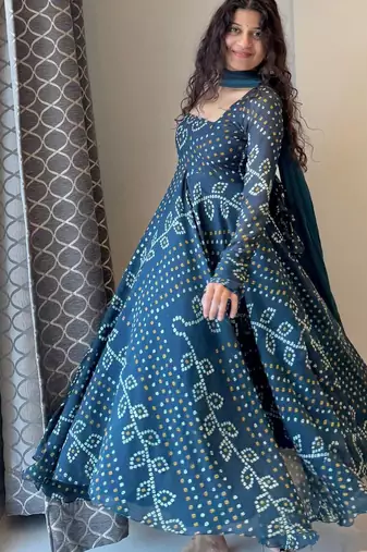 Teal blue bandhani printed georgette anarkali kurta set with pant and dupatta for women
